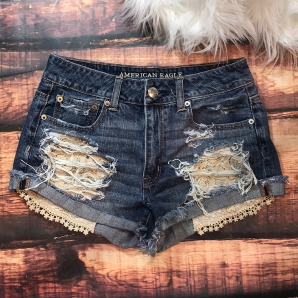 Lace Crochet Trim Destroyed Denim Shorts